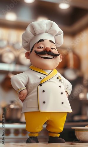 An unusual cartoon-style illustration of a chef. A French-style kitchen and chef.
