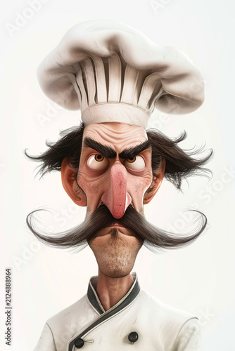 An unusual cartoon-style illustration of a chef. A French-style kitchen and chef.