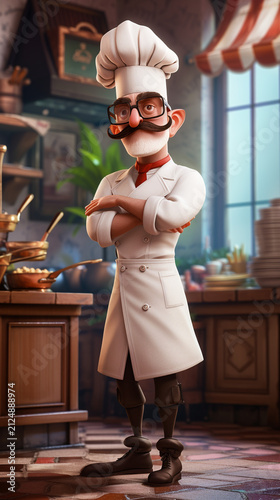 An unusual cartoon-style illustration of a chef. A French-style kitchen and chef.
