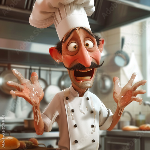 An unusual cartoon-style illustration of a chef. A French-style kitchen and chef.