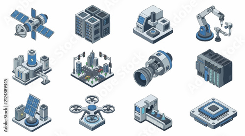 Technological infrastructure elements including satellite arrays, server clusters, and automated production units are displayed in isometric perspective to illustrate advanced industrial connectivity.