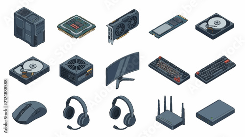Computer hardware components and peripheral devices are displayed in an organized isometric layout suitable for technical guides, e-commerce product listings, or professional IT infrastructure.