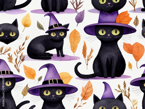 Cute Halloween black cats in purple witch hats seamless pattern with autumn leaves