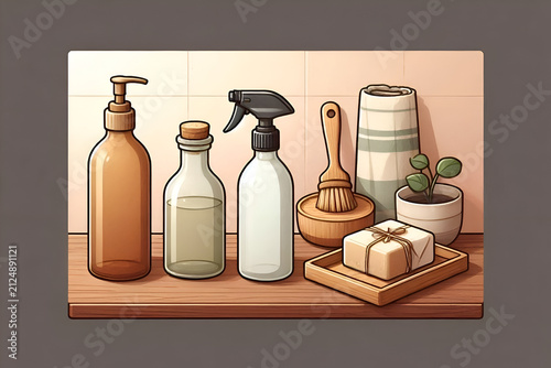 Bathroom accessories including a pump bottle, glass container, spray bottle, and wooden brush rest on a wooden shelf.