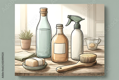 Cleaning supplies including glass bottles, a spray bottle, and a wooden brush sit arranged on a wooden surface near a window.