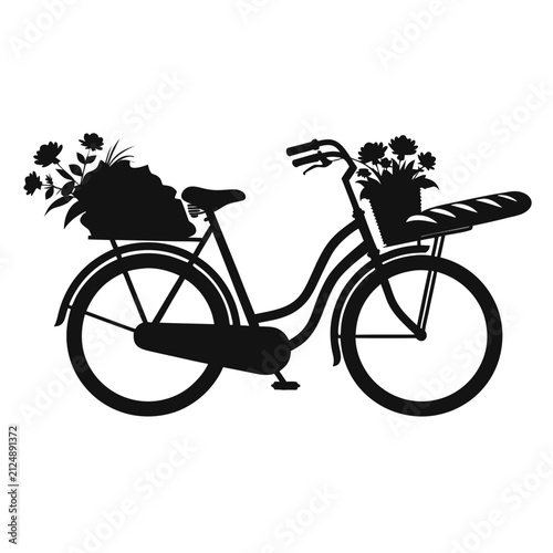 Vintage Bicycle with Flowers and Baguette Silhouette Vector Illustration