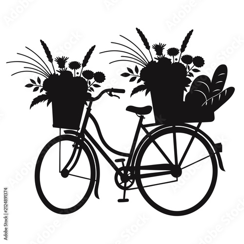 Vintage Bicycle with Flower Baskets and Baguettes Silhouette Vector Illustration