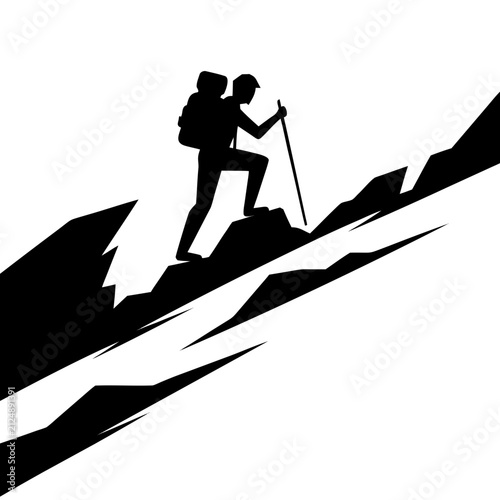Hiker Climbing Steep Mountain Slope Silhouette Vector Illustration