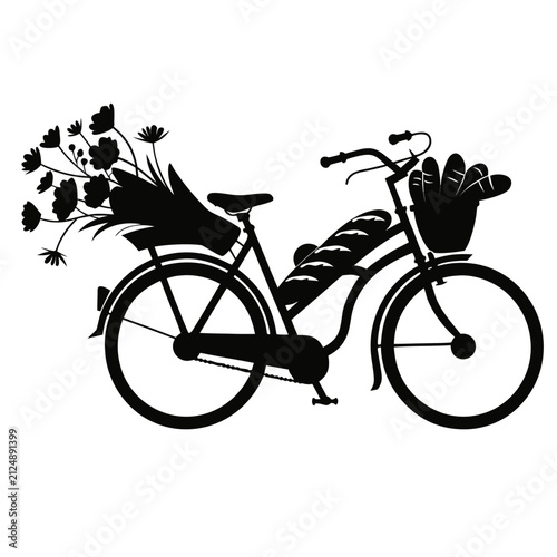 Vintage Bicycle with Flowers and Baguettes Silhouette Vector Illustration
