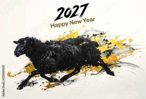 躍動感あふれるかっこいい2027、未年の羊と年賀状デザイン 生成AIイラスト