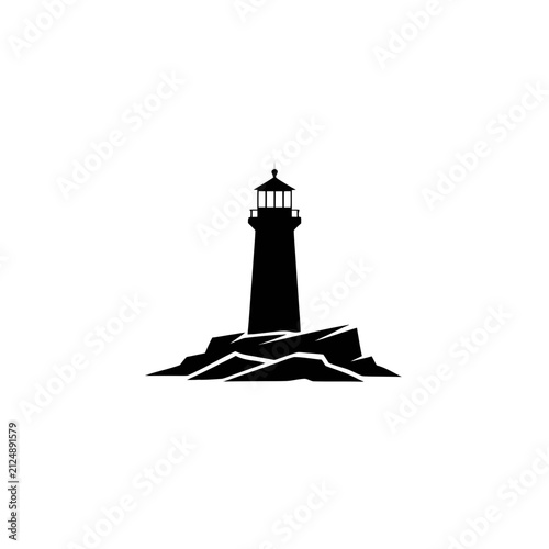Lighthouse on Rocky Island Silhouette Vector Illustration