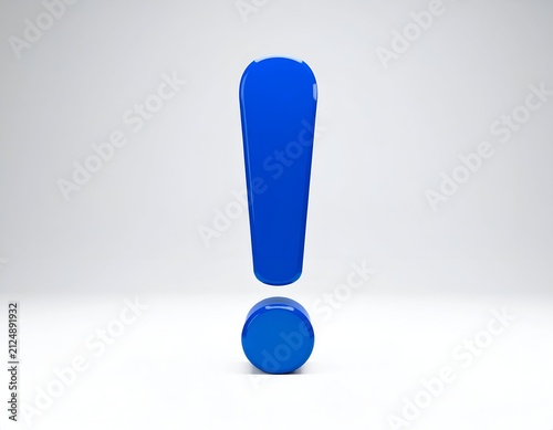3D rendered, glossy blue exclamation point floating against a clean white background