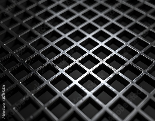 Close-up of a metallic grid, creating a pattern with squares, against a dark background
