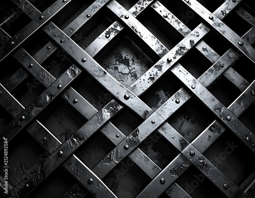 Close-up of a weathered, riveted metal lattice against a distressed, mottled wall