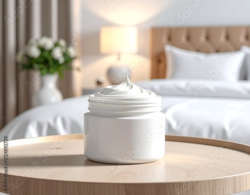 A jar of white cream on a wooden tray with a bed and flowers in a cozy bedroom