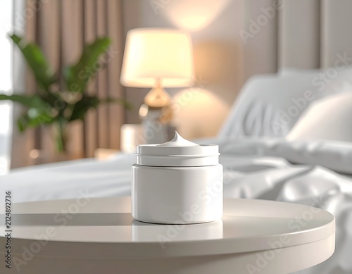 A jar of white cream rests on a surface, bedroom background