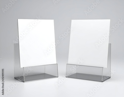 Two clear acrylic display stands holding blank white papers, set against a neutral gray backdrop