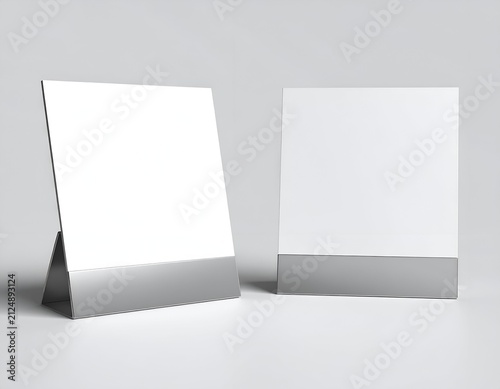 Two blank white signs with silver bases, angled on a white surface, plain backdrop
