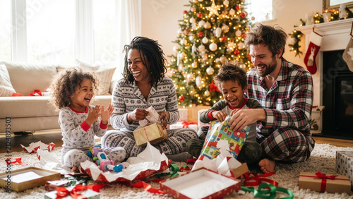 Happy Diverse Family Opening Christmas Presents in Pajamas