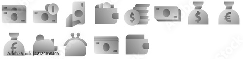 Cash Icon Set including money, bag, dollar, sack, bank, currency, finances, savings, economy, profit, banknotes, financial, bills, stack. Set of vector icons.