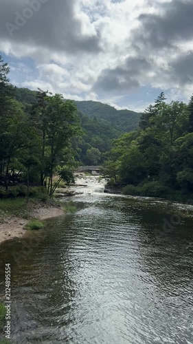 Pristine alpine river landscape of Odaecheon Stream in Pyeongchang, Gangwon-do, South Korea. Clear mountain water flowing smoothly through a rocky riverbed surrounded by dense forest trees.