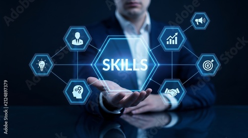 Business professional gesturing towards glowing skills icon hologram to represent professional development career growth and employee capability assessment in modern corporate environment
