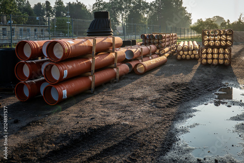Obraz na płótnie Orange Sewer Pipes Stacked Across a Muddy Outdoor Construction Storage Yard