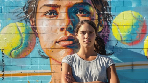 female player standing in front of mural featuring tennis ball