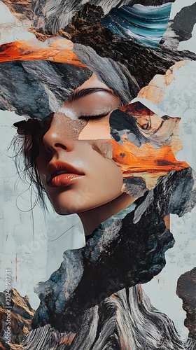 Close-up portrait of a woman's face with eyes closed, layered with torn paper showing rocky textures