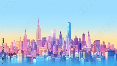 modern flat style city skyline with bright pastel buildings, clear blue sky, vector illustration