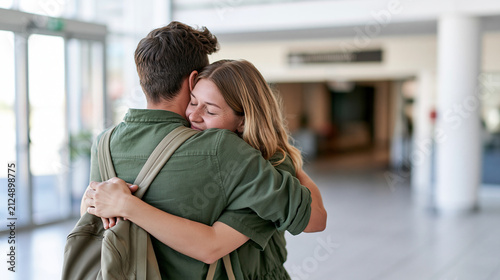A reunited European couple holds each other tightly near the arrivals exit, close medium shot from behind with one open arm wrapping around a backpack, clean pale terminal and generous