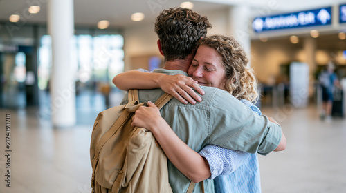 A reunited European couple holds each other tightly near the arrivals exit, close medium shot from behind with one open arm wrapping around a backpack, clean pale terminal and generous
