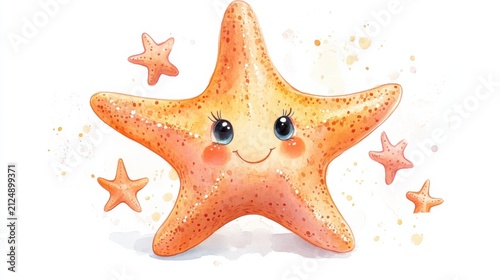 watercolor cartoon starfish with cute eyes, pastel tone, white background