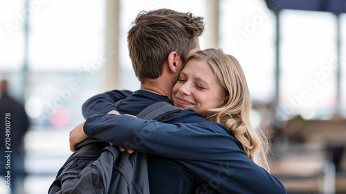 A young couple reunites at the arrivals barrier as one drops a backpack to embrace the other, natural candid rear view, clean cool palette and strong bright daylight through terminal