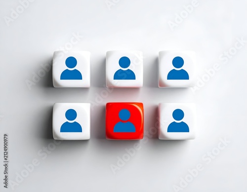 Six dice, five white with blue figures, one red cube with a blue figure