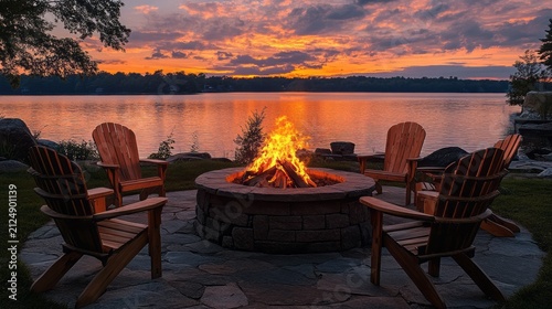 Cozy campfire circle by lake at sunset with wooden chairs and scenic mountain view showing outdoor relaxation travel camping lifestyle warm firelight peaceful nature retreat atmosphere for vacation