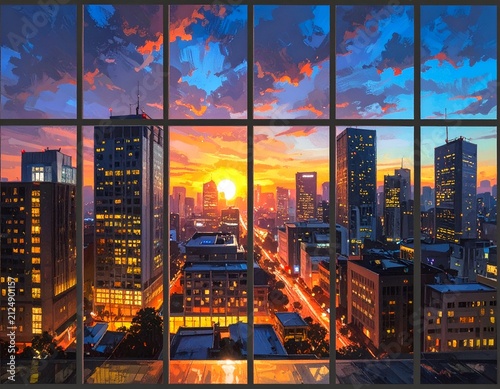 Cityscape at sunset, viewed through window, with colorful sky and lit buildings