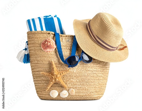 Beach bag filled with accessories, including hat, sunglasses, and towel, against white background