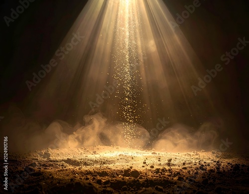 A celestial light beam streams down, illuminating dust and mist on an earthly brown surface