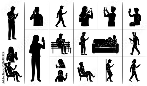 People using mobile phones silhouette icon set with texting calling and social media activities vector