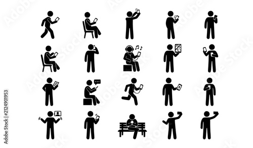 Everyday mobile lifestyle silhouette icon set with people using smartphones in different poses vector