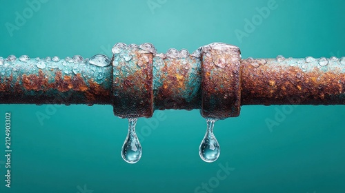 Rusty pipe with water droplets leaking, plumbing problem, and corrosion concept
