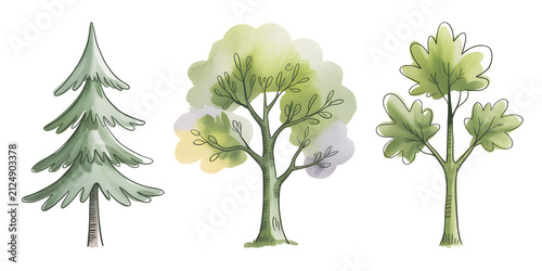 Watercolor Clipart: Set of Three Isolated Hand-Painted Trees
