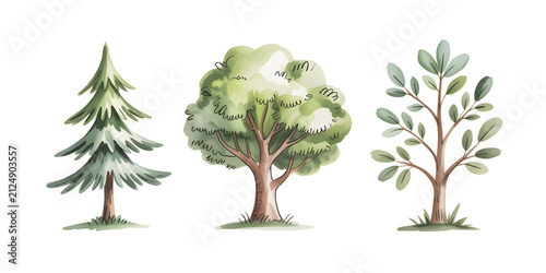 Watercolor Clipart: Set of Three Isolated Hand-Painted Trees
