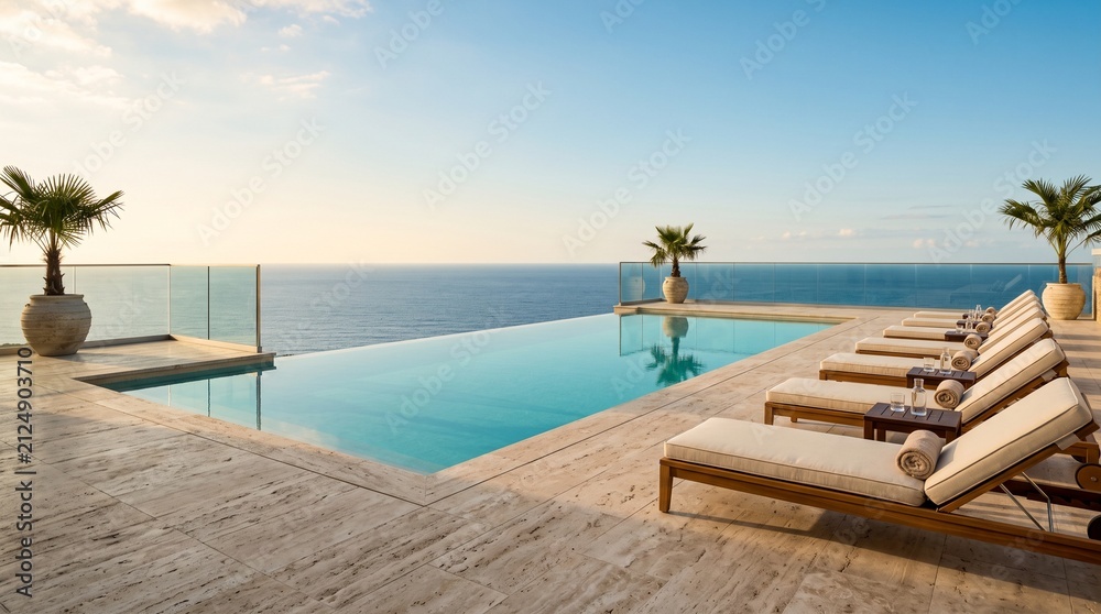 Fototapeta premium Luxury infinity pool terrace overlooking the ocean. Tropical resort deck with lounge chairs.