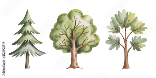 Watercolor Clipart: Set of Three Isolated Hand-Painted Trees

