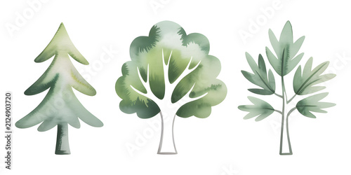 Watercolor Clipart: Set of Three Isolated Hand-Painted Trees
