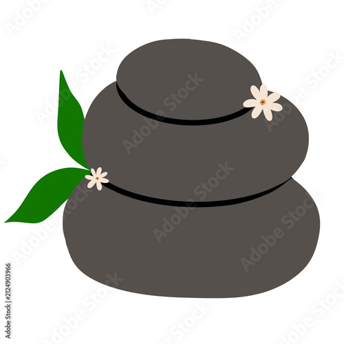 Canvas Print Stack of smooth zen spa stones with green leaves and small white flowers isolate