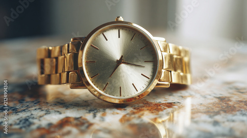 Elegant gold wristwatch resting on a marbled surface reflecting soft warm light during the afternoon hour
