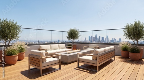 Modern rooftop patio with city skyline view. Luxury outdoor terrace lounge with seating area.